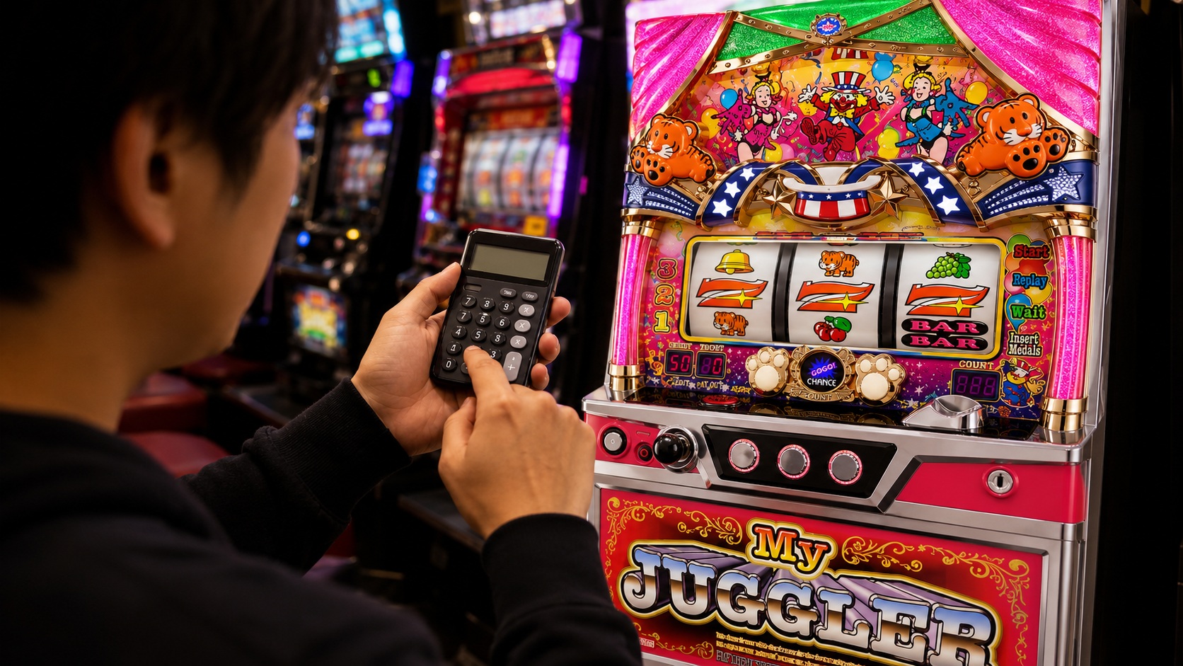 マイジャグラーVの台前で総ゲーム数やREGとぶどうを入力する打ち手の手元