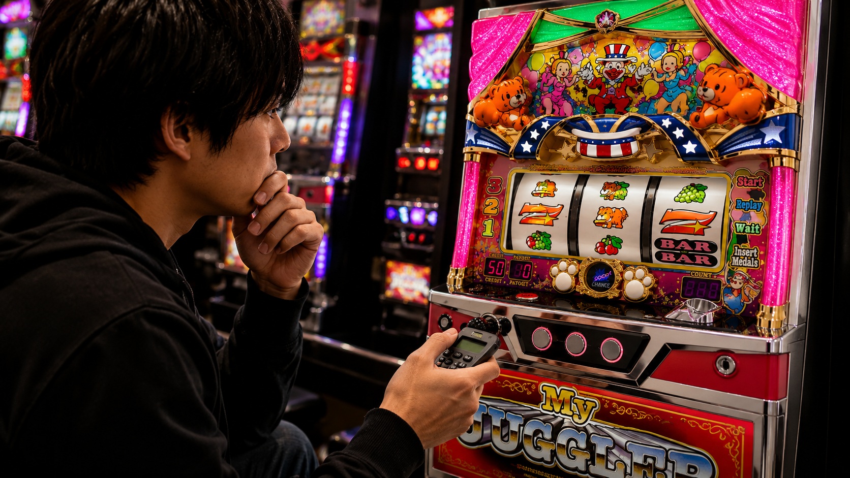浅いゲーム数でマイジャグラーVの設定判別に迷う打ち手