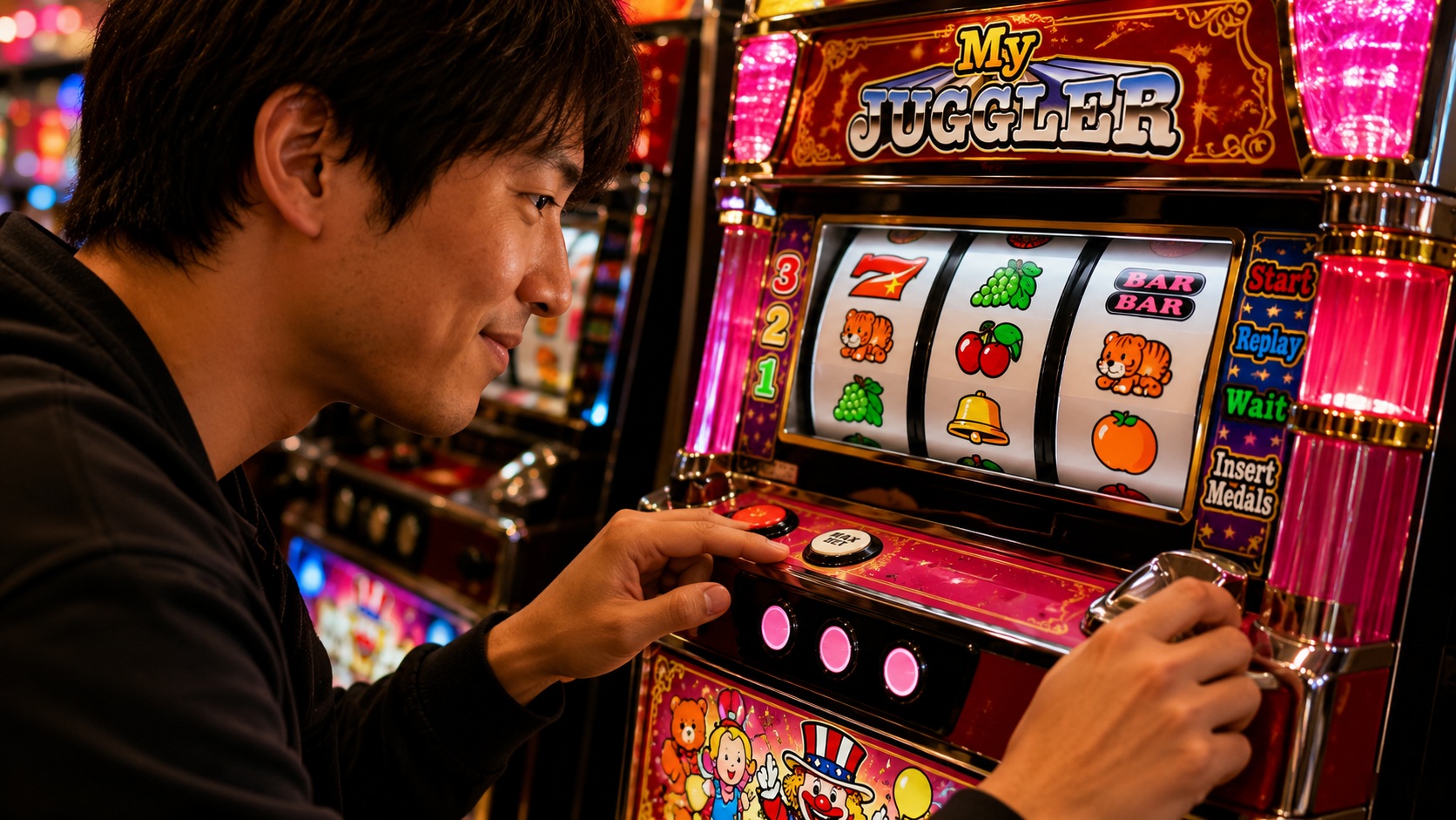 GOGOランプ点灯後に落ち着いて1枚掛けへ切り替えるマイジャグラーVの場面