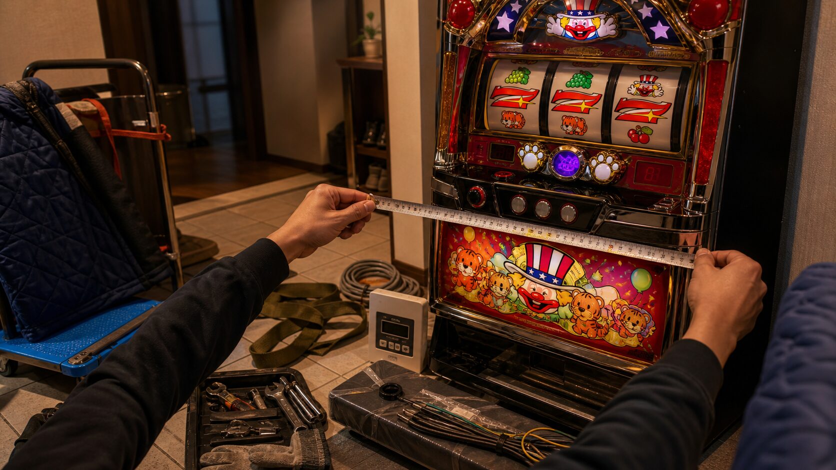 マイジャグラーV中古実機の搬入前にサイズを測る手元