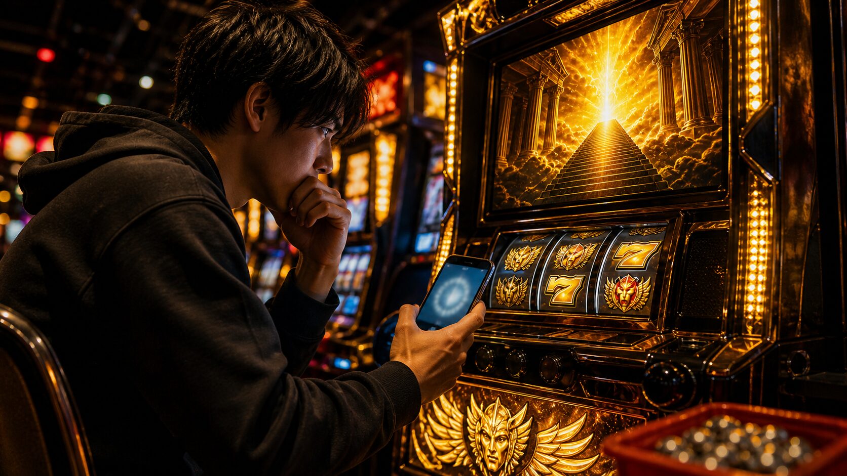 閉店前にスマホで時間を確認しながら続行を迷うスマスロ ミリオンゴッドの打ち手