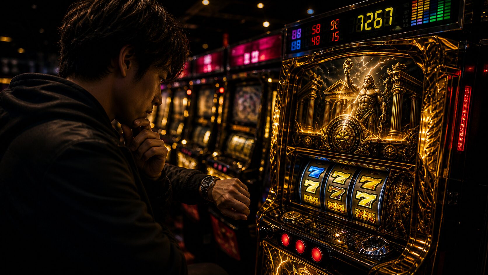 閉店前に時間を確認しながら深いゲーム数の台を見つめる打ち手