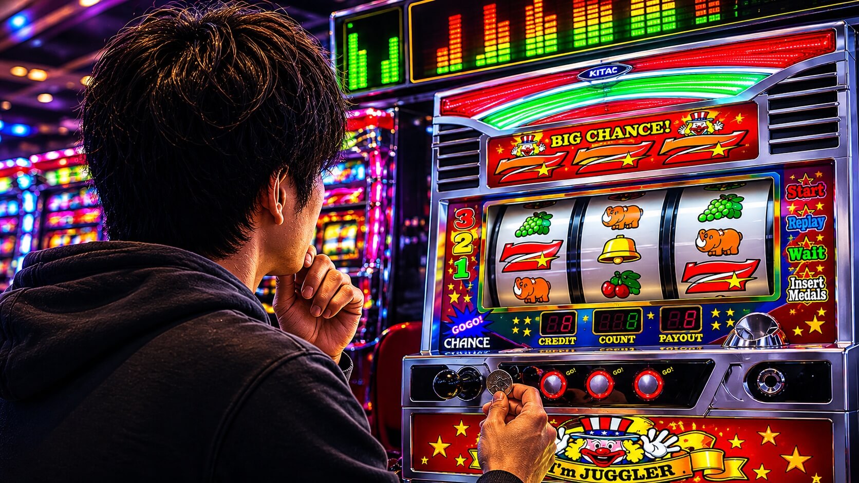 ゲーム数が積まれたネオアイムジャグラーEXを夕方に見て判断する場面