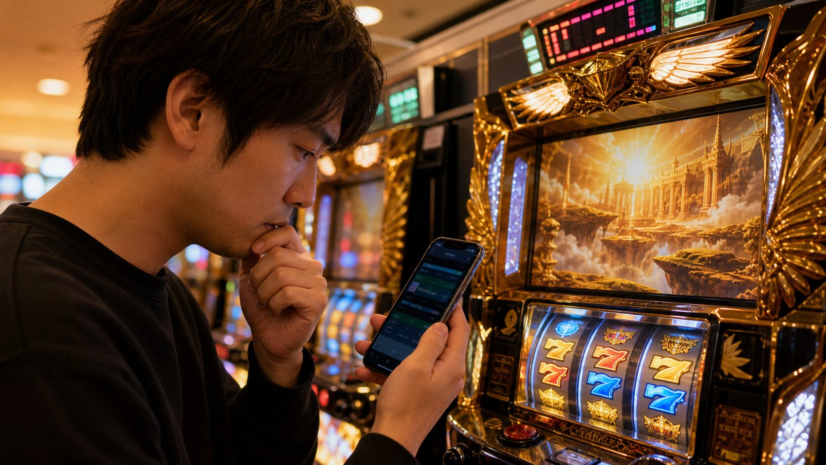 スマホの前日履歴と台上カウンターを見比べて据え置きか確認する場面