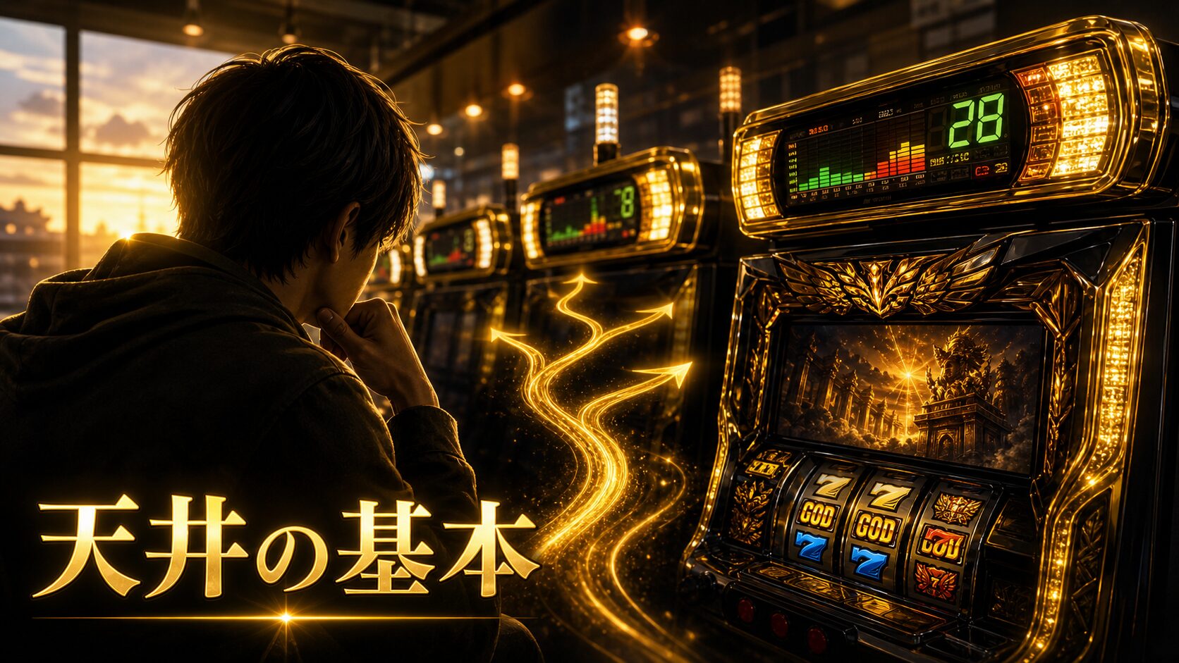 スマスロ ミリオンゴッド-神々の軌跡-の天井と朝一リセットを確認するイメージ画像