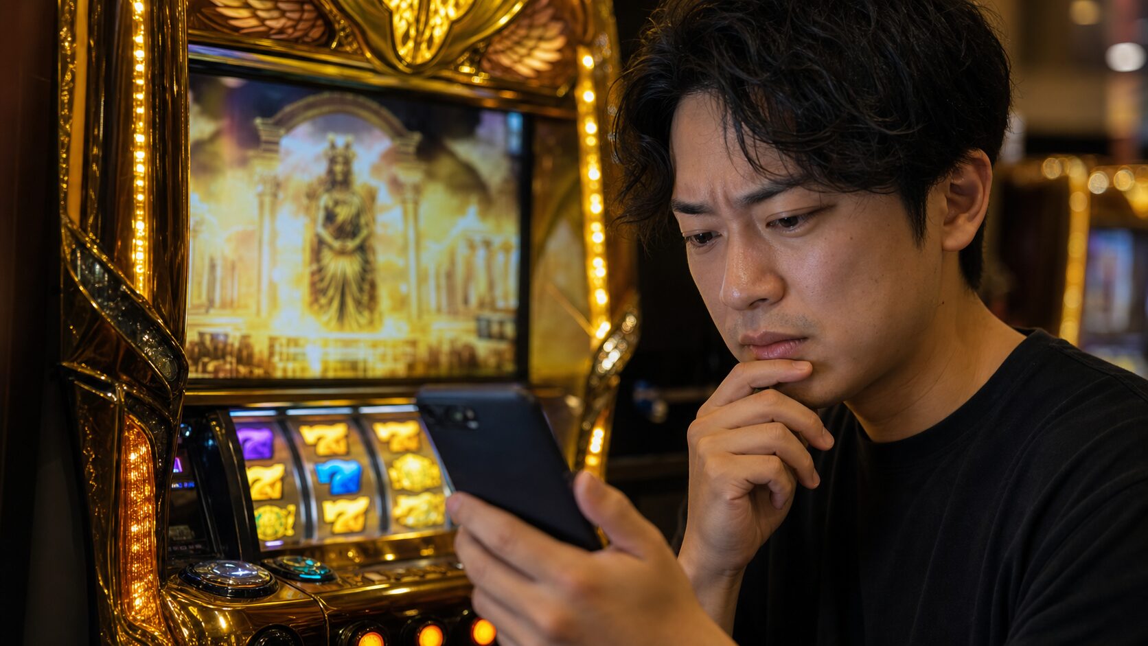 スマホで情報を確認し旧作と今作の違いを慎重に見る打ち手