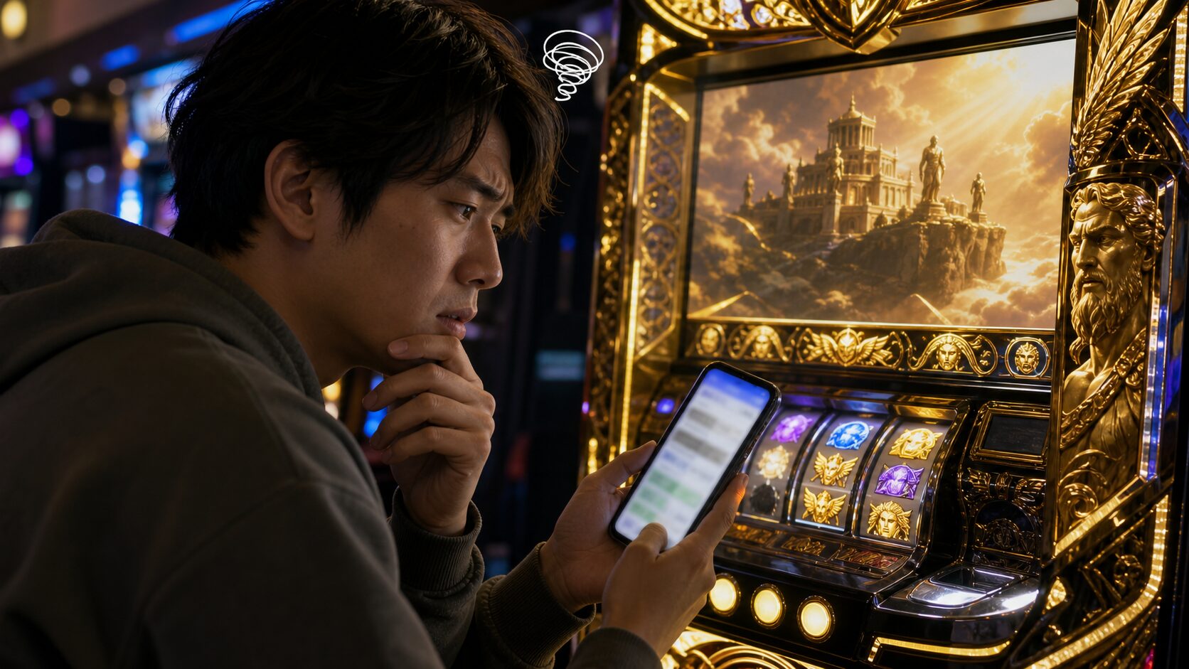 旧作情報とスマスロ版の情報をスマホで見比べて不安になる場面